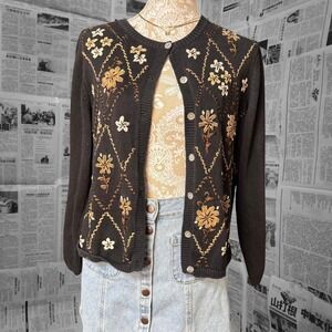 Alfred Dunner Petite Black Button Cardigan Sweater Embroidered Floral PL